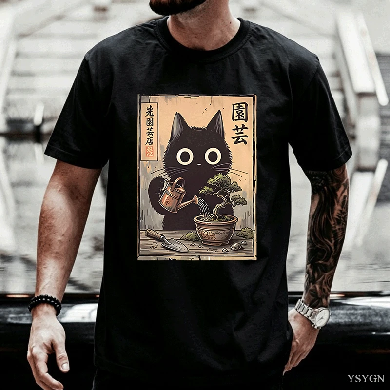 Bonsai Garden China - 盆栽柄の黒猫Tシャツ、日本のスタイル、カジュアルな綿素材、半袖、ガーデニング猫柄、男女兼用、面白い猫好きTシャツ。