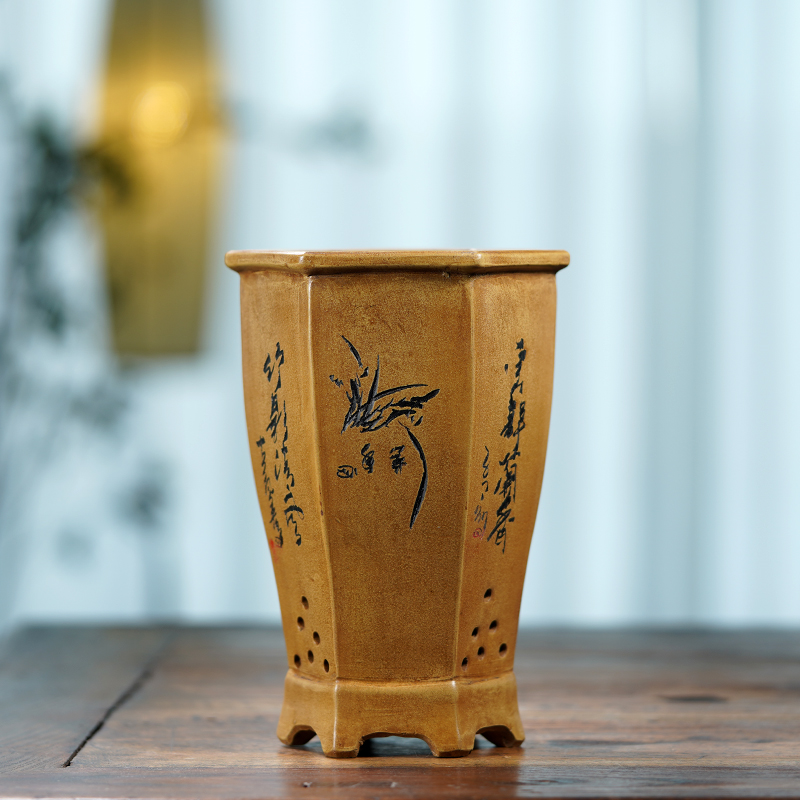 Bonsai Garden China - セラミック六角形盆栽ポット、花瓶、伝統的な中国、手彫りパターン、家の庭の装飾