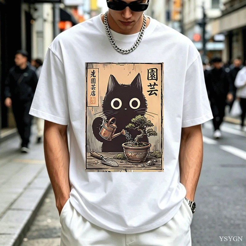 盆栽柄の黒猫Tシャツ、日本のスタイル、カジュアルな綿素材、半 - Bonsai Garden China のレビューと価格