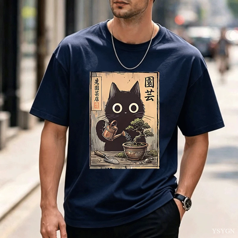 盆栽柄の黒猫Tシャツ、日本のスタイル、カジュアルな綿素材、半 - Bonsai Garden China のレビューと価格
